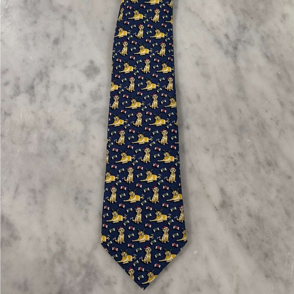 Vineyard Vines Santa Dog Navy Blue Tie with Yellow and Red Accents